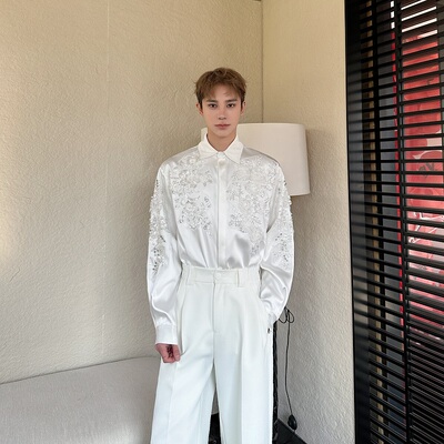 春季新款锦缎立体亮片绣花翻领长袖衬衣轻奢设计款衬衫时尚洋气潮