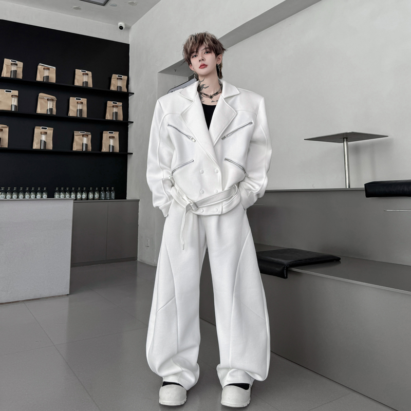 秋装小众多拉链解构腰带翻领夹克垫肩套装男弯刀阔腿长裤两件套潮