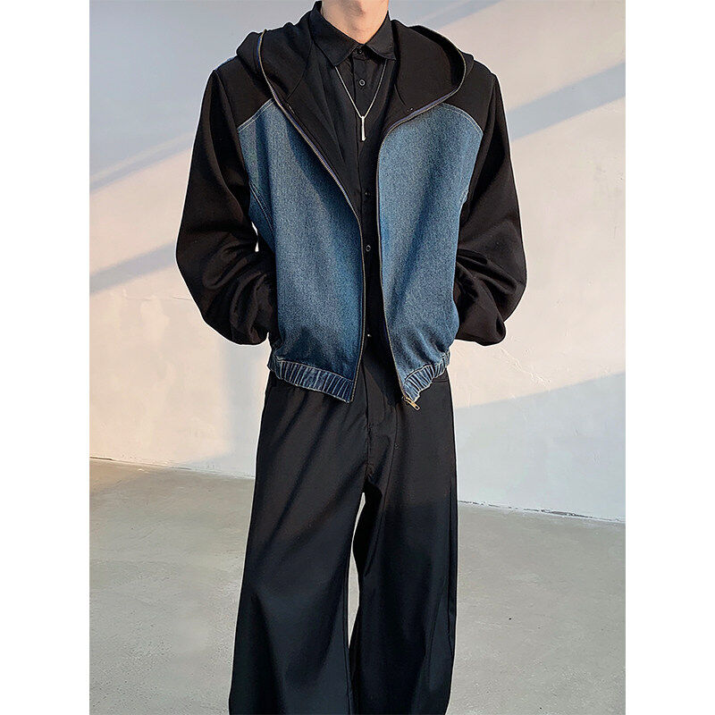 美式高街垫肩牛仔拼接夹克外套男短款高级感痞帅连帽卫衣穿搭上衣