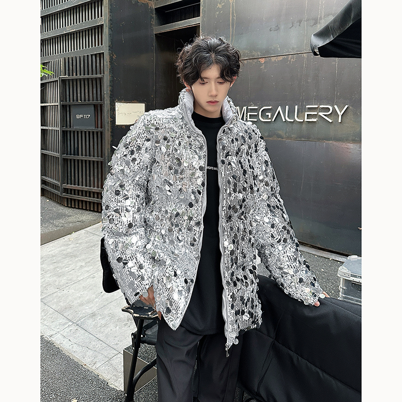 秋冬高级感银色亮闪闪珠片立领加厚棉服男炸街歌手舞台装保暖外套
