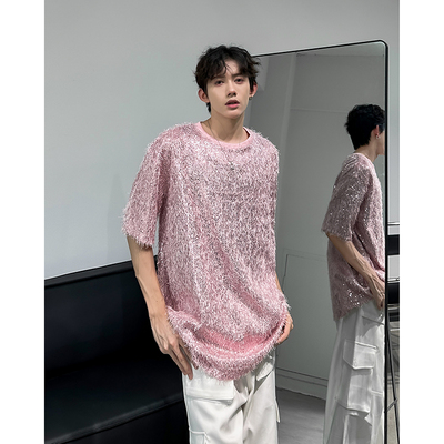 夏季小众时尚流苏毛毛亮片炸街t恤男女短袖网红韩版演出舞台装潮