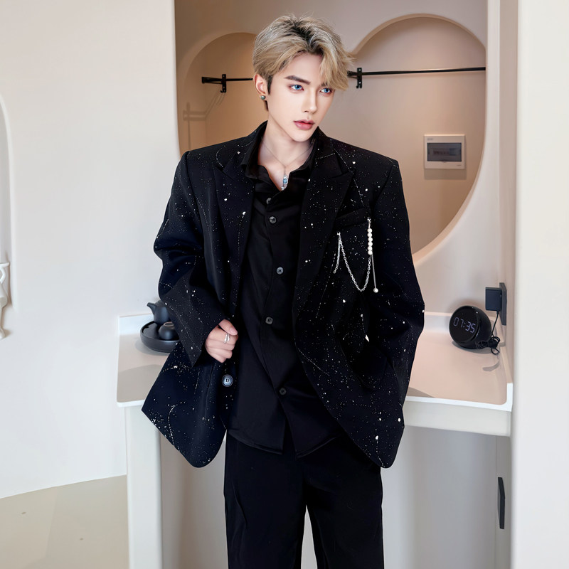 秋季高级感满天星珍珠链条设计感西装外套男模穿搭垫肩西服痞帅潮