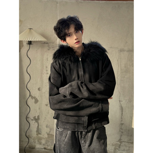 秋冬毛领可拆卸设计牛仔布夹克衫男个性潮流痞帅高级感短卫衣外套