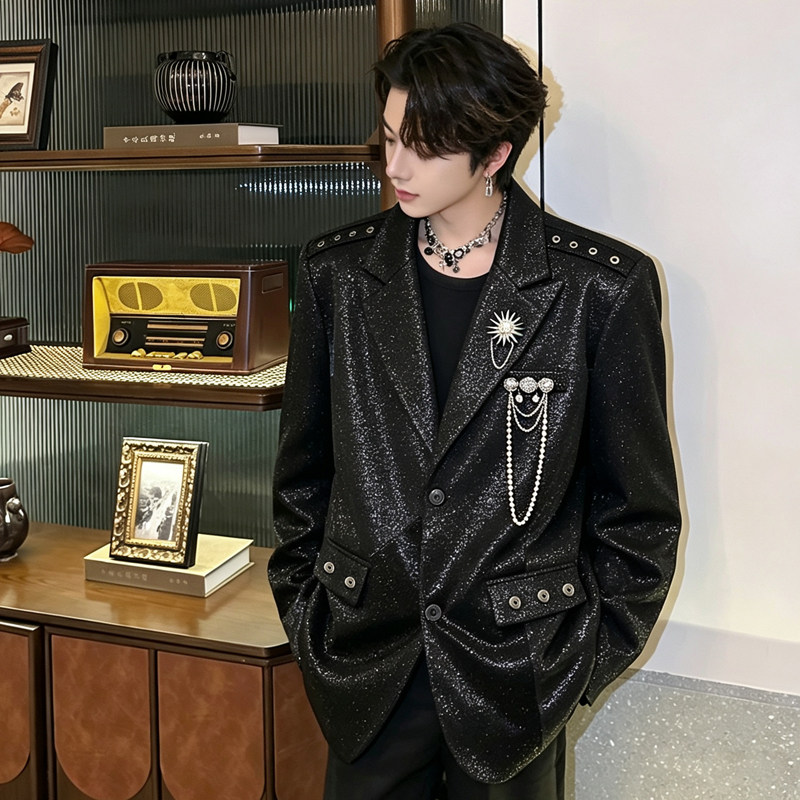 原创设计感轻奢满天星烫金西装外套男重工挂链高级痞帅演出服舞台