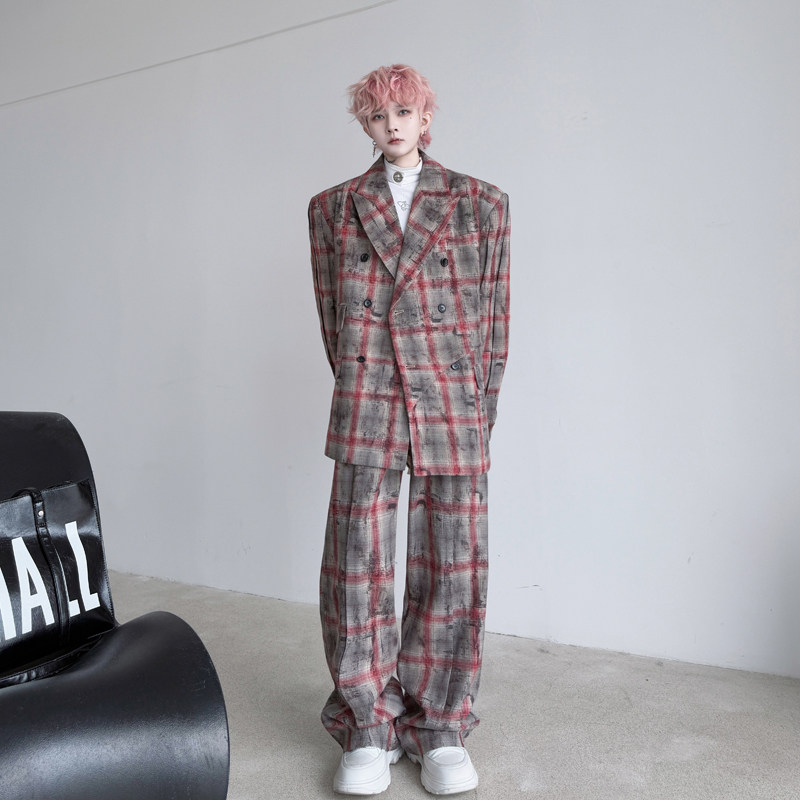 2025春装复古印花格子双排扣宽松男士休闲西服套装网红韩版两件套