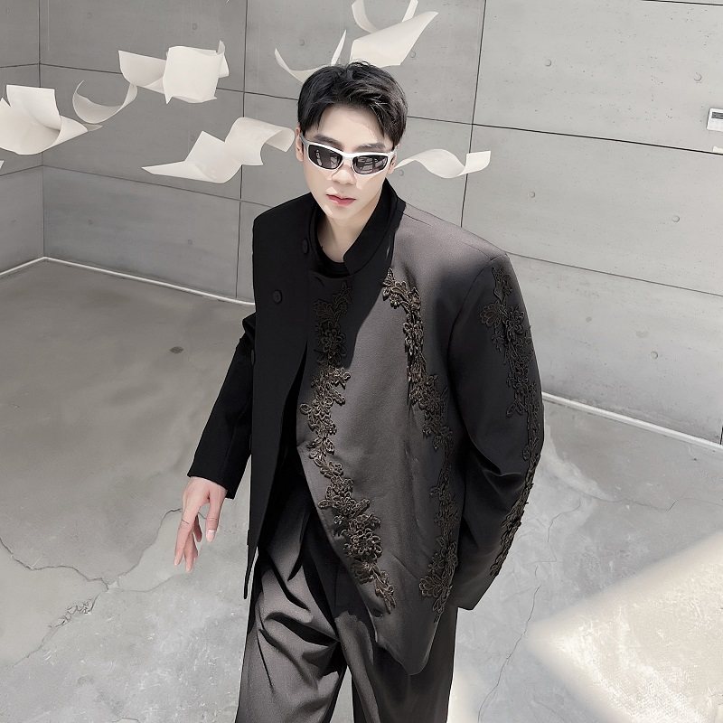 秋季设计感立体绣花中式西服男潮流复古雅痞外套高级感西装发型师