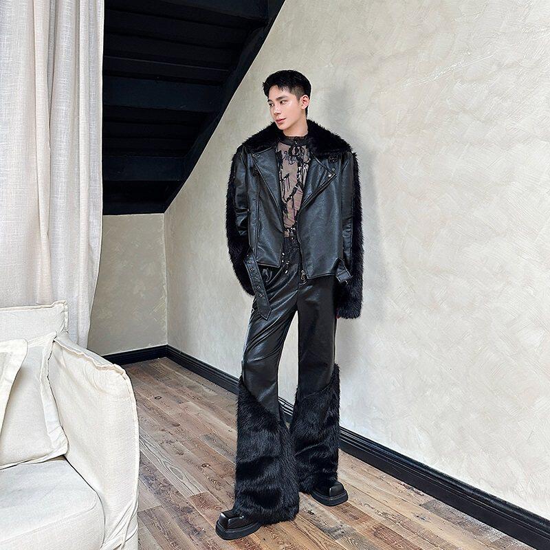 가을 겨울 여피 흰족제비 모피 접합 가죽 기질 개성 캐주얼 와이드 팬츠 남성 약간 플레어 가죽 바지가 거리 트렌드를 맞았습니다