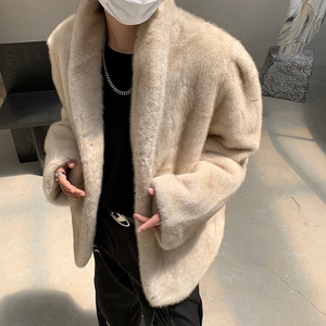 冬装高级感加厚保暖仿貂毛加棉皮草男开衫毛绒气质皮草大衣外套潮