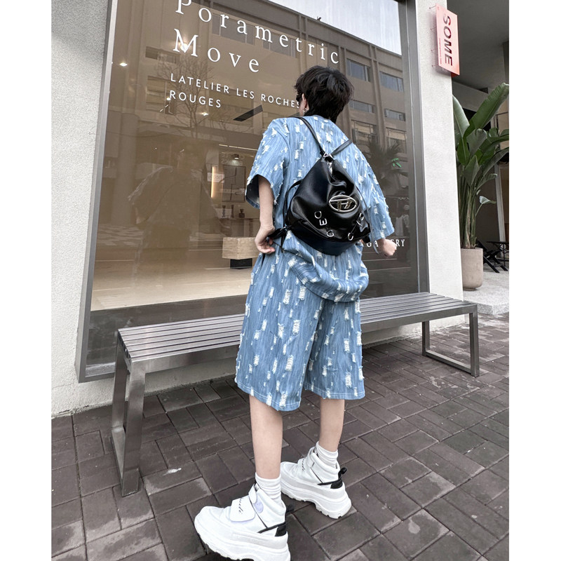 여름 한복 트렌디 브랜드 착용 데님 반팔 티셔츠 남성 정장 디자인 잘 생긴 스트레이트 반바지 투피스 세트