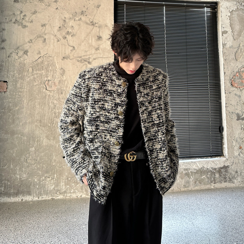 秋冬款粗花呢高级感小香风外套男女韩版猫须小众无领垫肩上衣轻奢