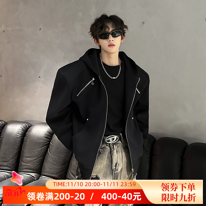 春秋款小众金属拉链解构设计感连帽卫衣男痞帅高级感垫肩夹克外套