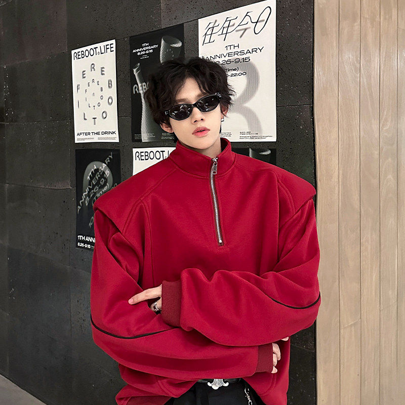 秋冬款高级感半高领拉链垫肩卫衣男外套痞帅加绒加厚痞帅解构上衣