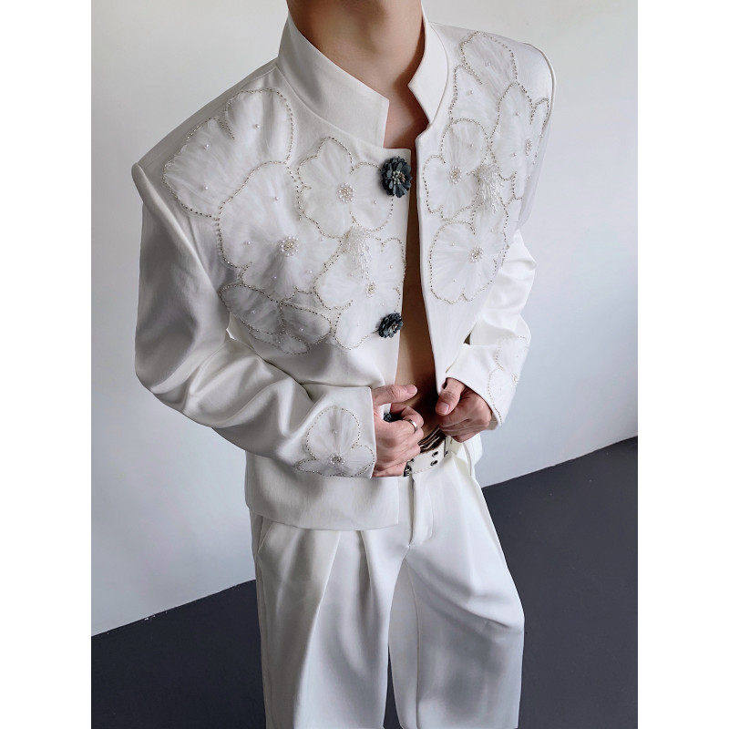 重工小众设计感网纱花朵刺绣短款立领白色西装外套男礼服痞帅西服