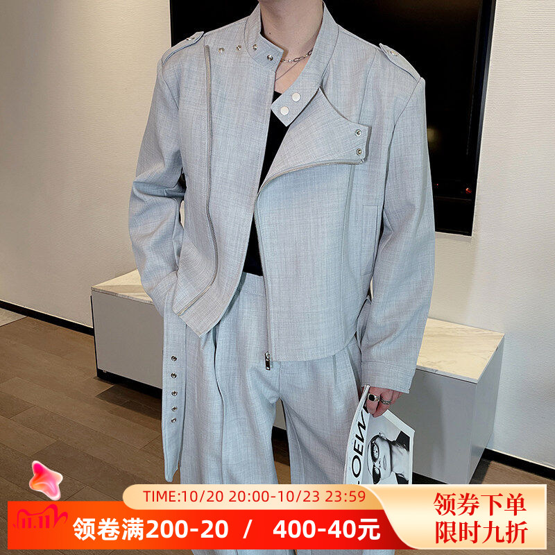 春秋小众解构高级感机车立领夹克短款外套男痞帅弯刀阔腿长裤套装