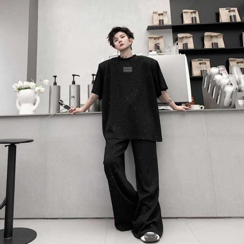 여름 아메리칸 스트리트 스팽글 디자인 반팔 티셔츠 남성 정장 루즈한 와이드 레그 바닥 길이 바지 투피스 트렌디 세트