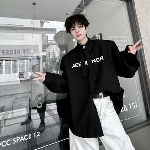 秋装高级感痞帅垫肩长袖衬衫男立领字母印花韩版设计感飘带衬衣潮