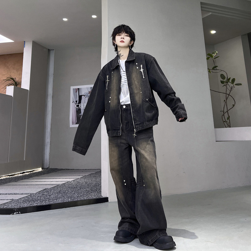 가을 씻어 복고풍 펜던트 장식 데님 재킷 남성 정장 느슨한 미국 잘 생긴 넓은 다리 바지 투피스 세트