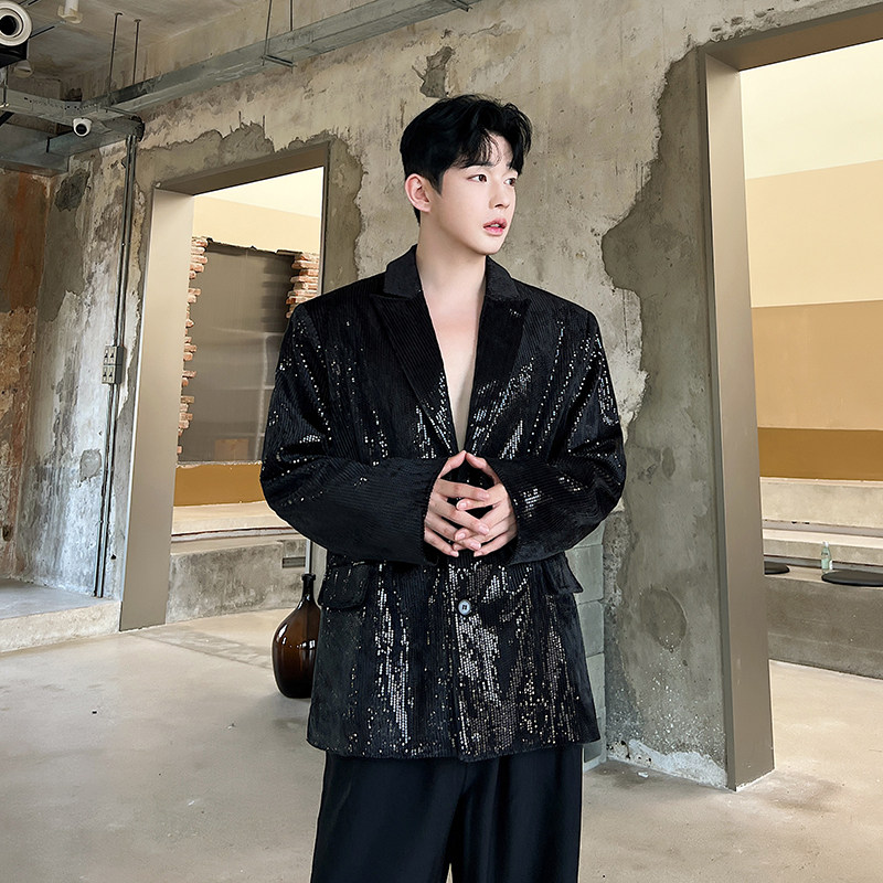 高级感炸街亮片ins西装男外套黑色韩版网红痞帅西服亮闪闪舞台装