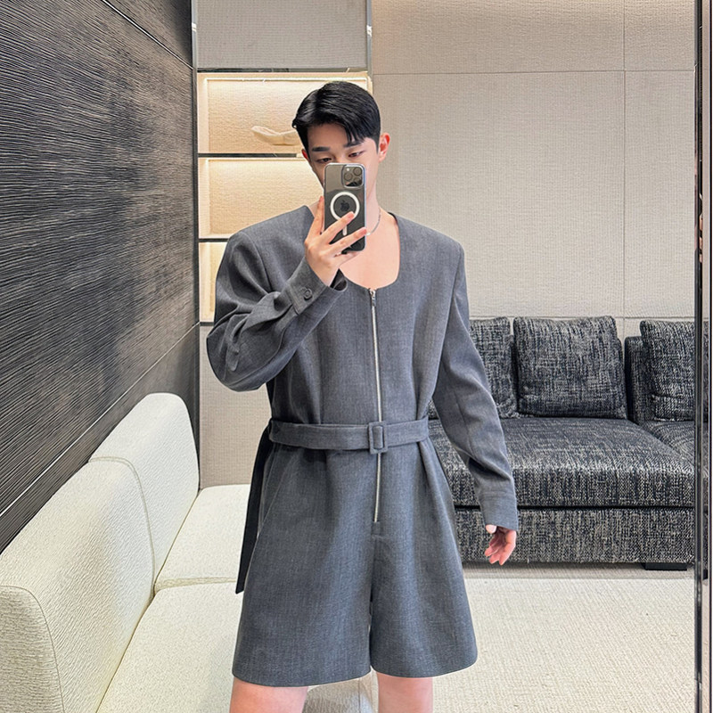 2024SS走秀款韩国低领拉链一件式连体衣套装腰带设计感连体短裤男