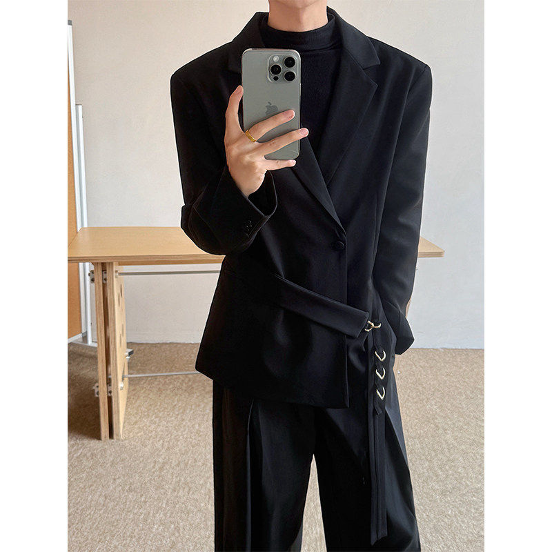 小众解构设计感腰带装饰西装外套男高级感痞帅垫肩西服穿搭礼服潮