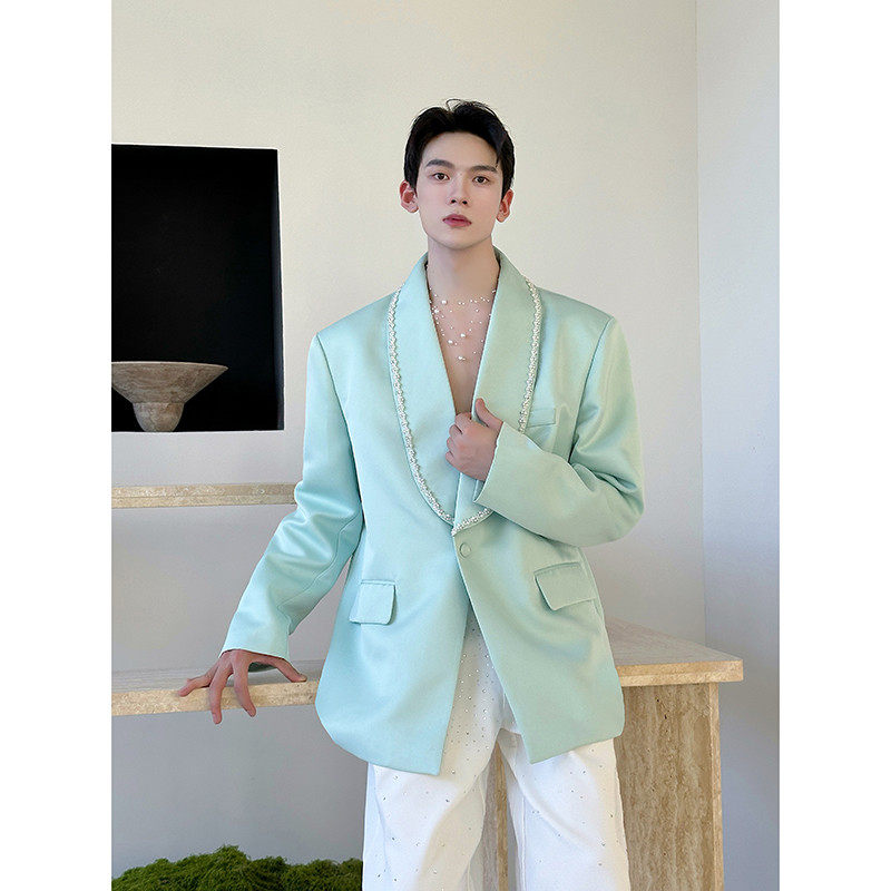 明星同款高级感钉珠装饰休闲西装外套男宫廷贵气设计轻奢垫肩西服