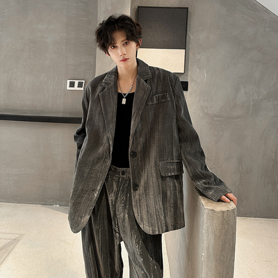 秋冬款复古丝绒休闲西装外套男雅痞气质老钱风高级感直筒裤两件套