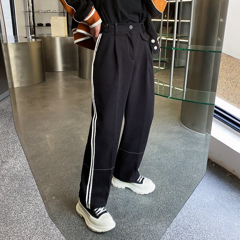 秋季痞帅高级感裤子男韩版撞色边明线设计感直筒休闲裤阔腿裤西裤