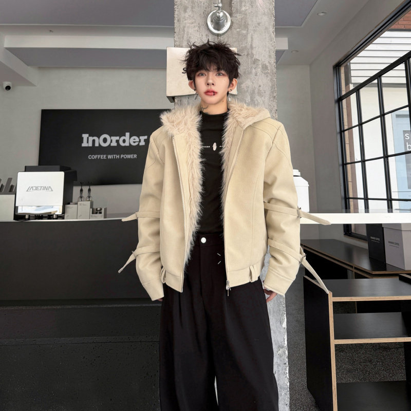 冬装座山雕环保皮草男士连帽棉服外套绑带设计PU皮毛一体保暖夹克