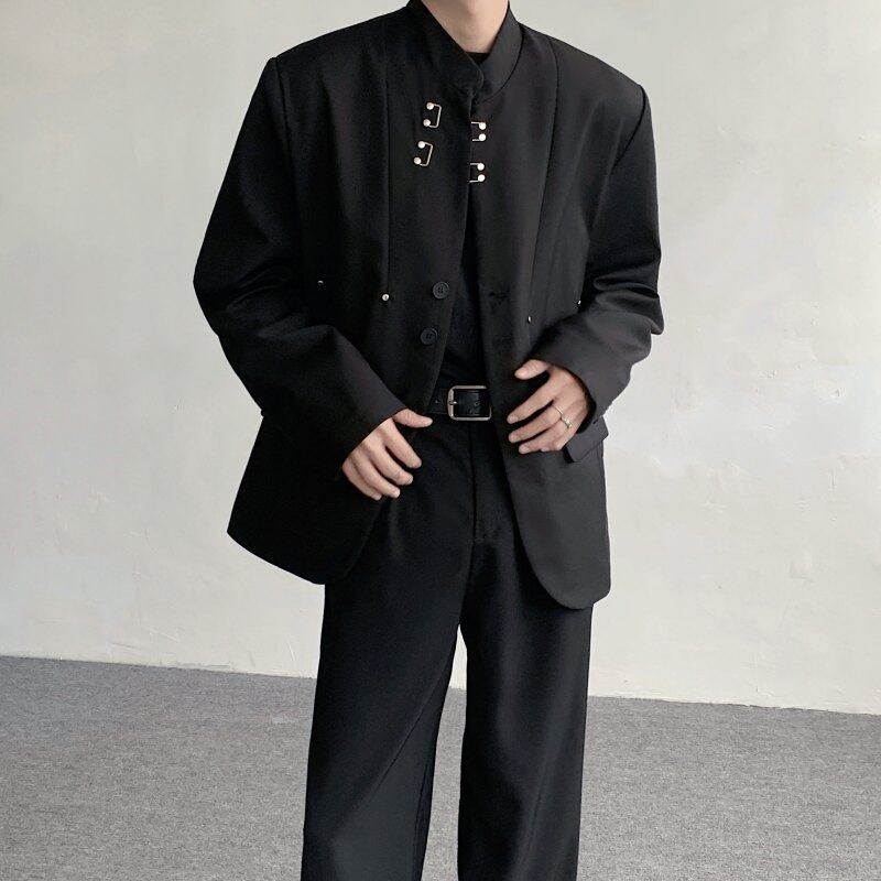 春装暗黑系立领金属老钱风西服外套男垫肩痞帅高级感小众西装潮流