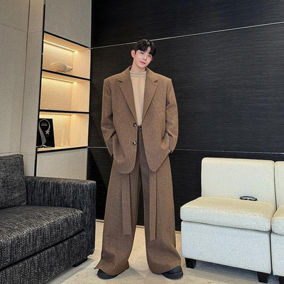 秋冬重磅粗纺细格呢料老钱气质休闲西装细带阔腿西裤两件套韩版潮