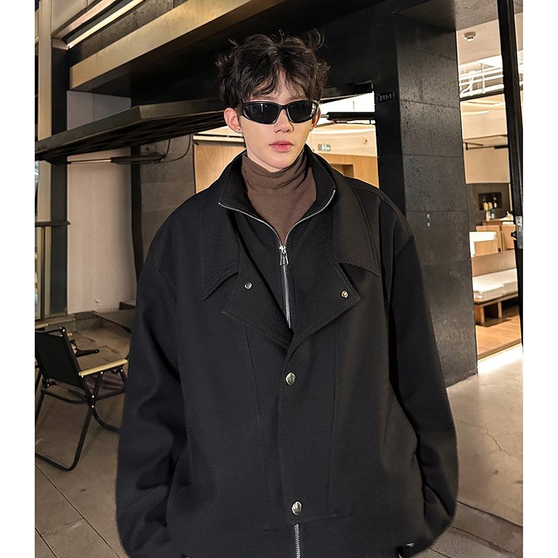 秋冬款双层领拼接拉链设计感呢子夹克外套男美式高级感痞帅厚毛呢