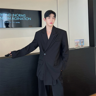 韩版休闲痞帅潮流假两件双领设计高级感西装外套男小众结构西服潮