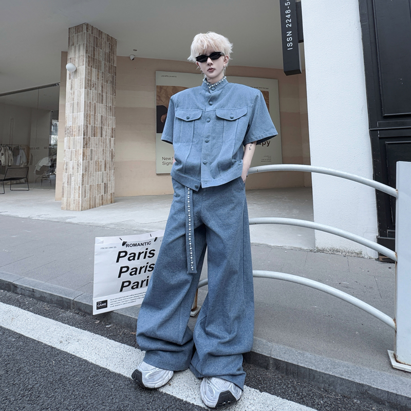 2025夏装美式立领钉珠设计牛仔短袖夹克套装阔腿长裤垫肩两件套潮