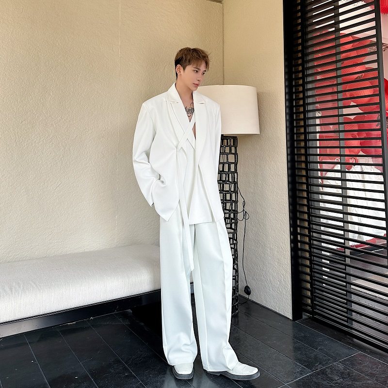 春季新款高级设计感休闲西装套装男小众双领绑带直筒阔腿裤两件套