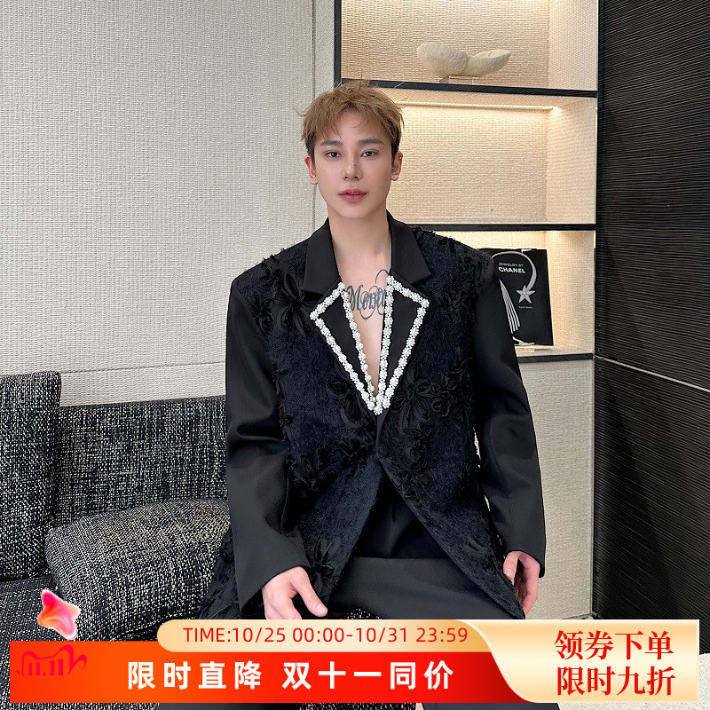 走秀设计款轻奢立体提花手工珍珠领绣花西装外套男痞帅高级感西服