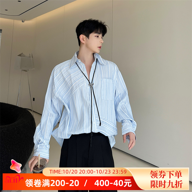 夏季韩风休闲肌理感清爽不规则蓝条纹衬衫男长袖设计感垂感衬衣潮