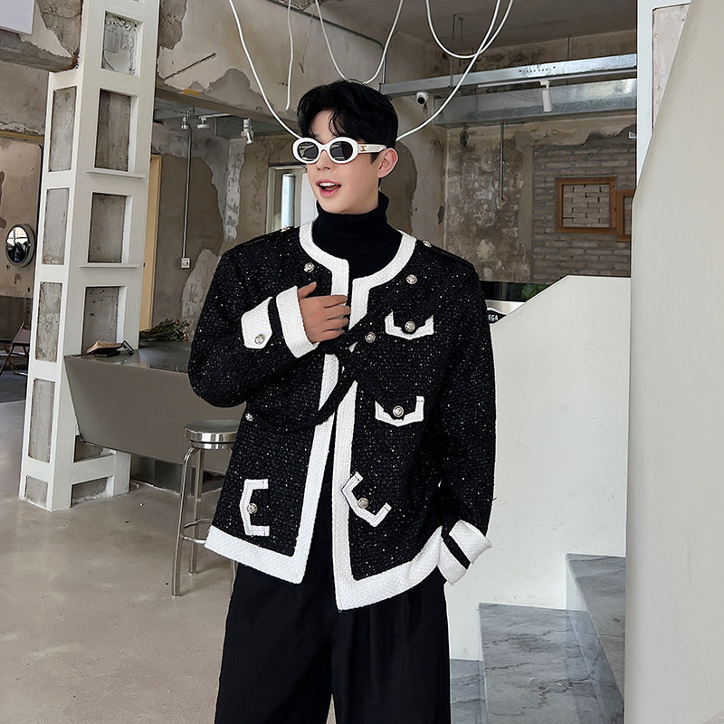 틈새 흑백 대비 색상 구조 디자인 칼라가 없는 작은 향기 재킷 남성 스타일의 고급 스팽글 모직 양복