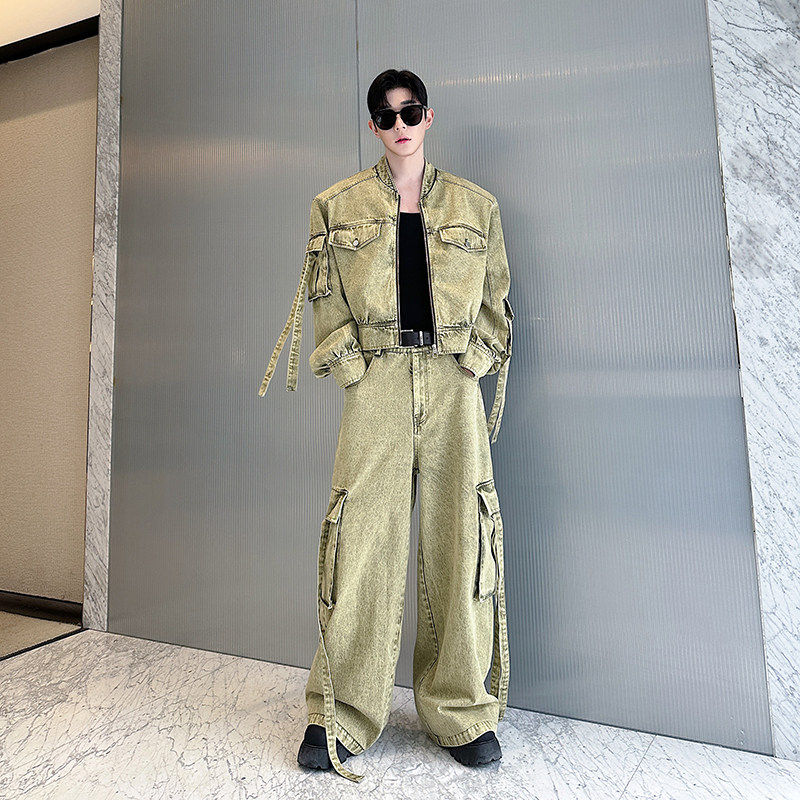 美式小众复古工水洗多口袋工装牛仔套装男飘带设计感痞帅阔腿长裤