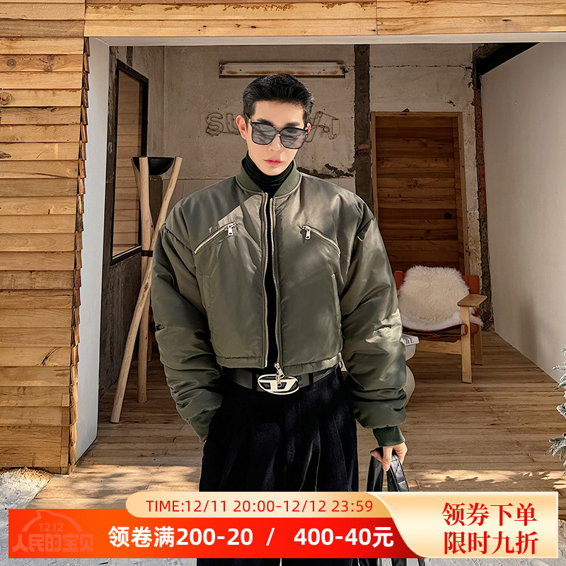 秋冬小众设计师机能加厚拉链工装抽绳短款棒球服棉衣男军绿色棉服