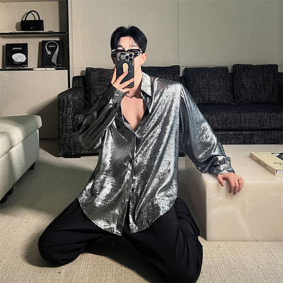人鱼姬偏光亮面金属感雅痞衬衣男长袖高级感宽松坠感衬衫演出舞台