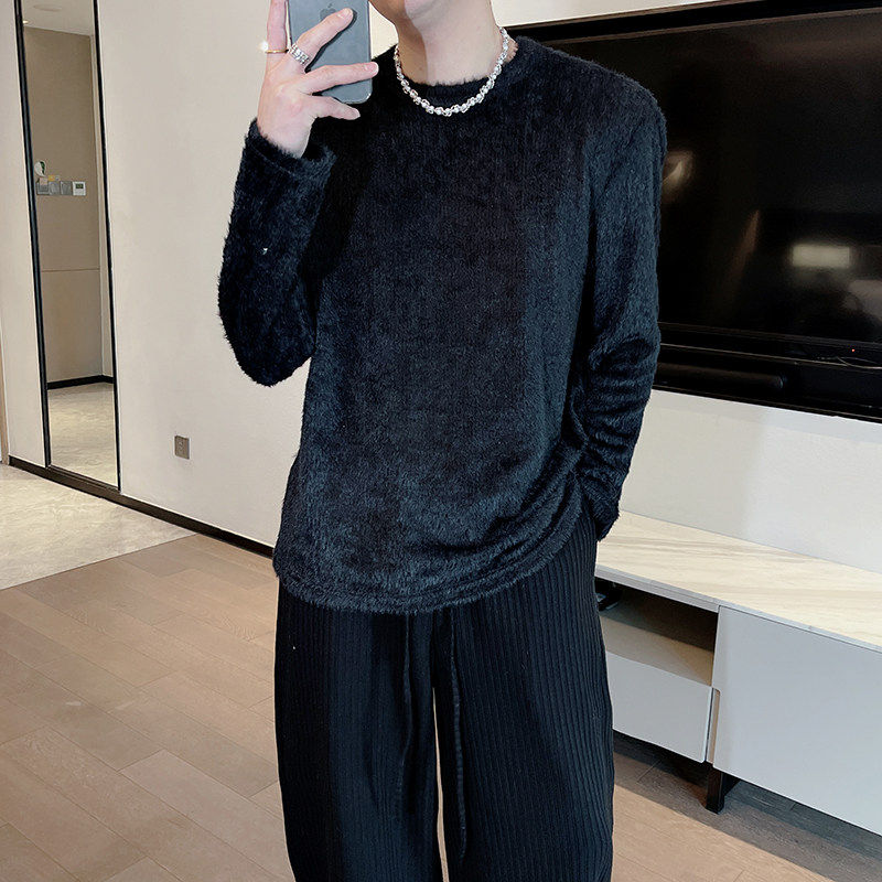 秋冬高级感时尚水貂绒圆领毛衣男保暖软糯毛毛打底衫长袖T恤痞帅