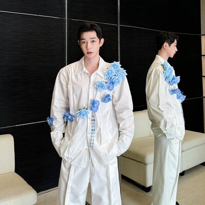 曹恩齐明星同款小众设计师款立体手工提冰蓝玫瑰花长袖衬衫男时尚