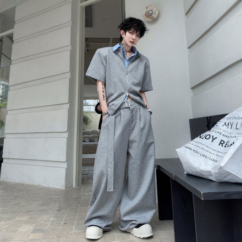 2026夏装开衫假两件短袖卫衣休闲套装男腰带设计感阔腿长裤两件套