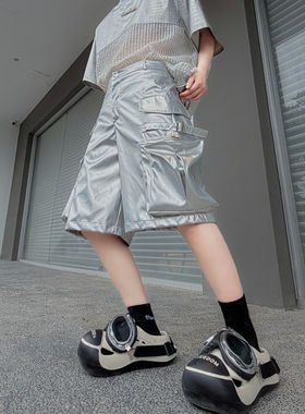 美式高街小众大口袋拉链休闲PU皮短裤男五分中裤嘻哈dj演出服街舞