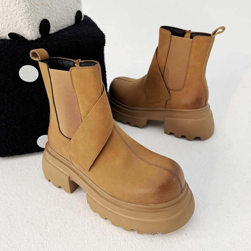 复古英伦风厚底增高切尔西靴子男高帮拉链马丁靴大圆头皮鞋雪地靴