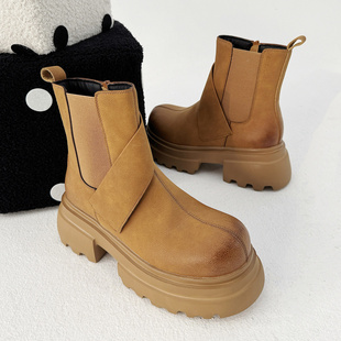 复古英伦风厚底增高切尔西靴子男高帮拉链马丁靴大圆头皮鞋雪地靴