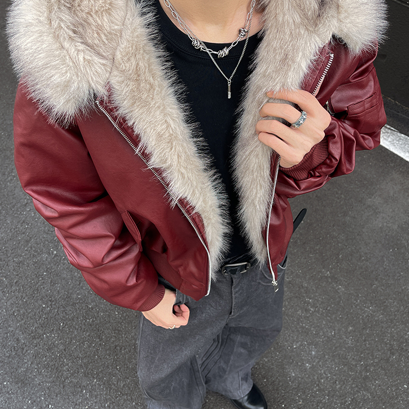 老钱复古高级感连帽皮毛一体PU皮棉衣男外套痞帅美式座山雕皮夹克