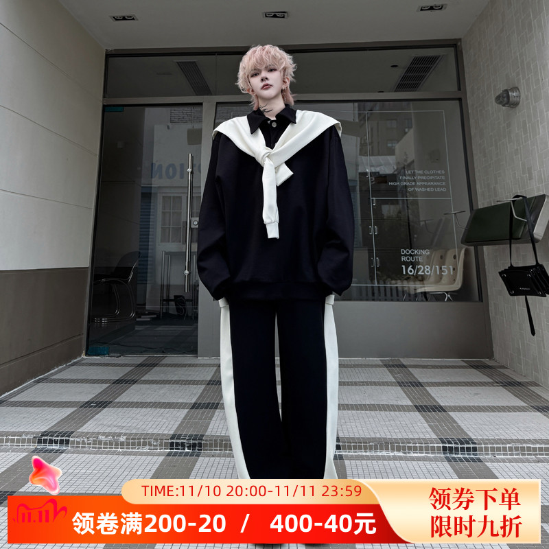 2025春装设计感拼接撞色拆卸披肩卫衣套装男韩版运动卫裤两件套装