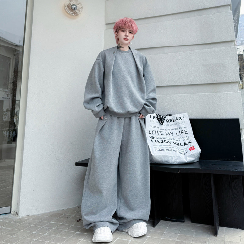 2026春季小众结构设计感卫衣套装男美式重磅搭配休闲长裤两件套潮