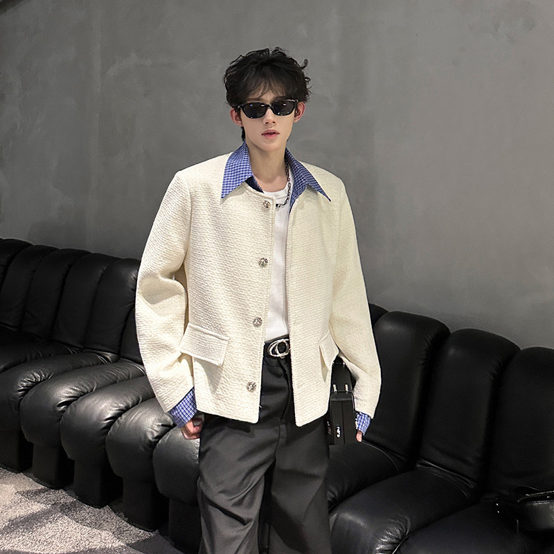 秋冬款韩版假两件拼接条纹衬衫领呢料夹克男设计感小香风休闲外套